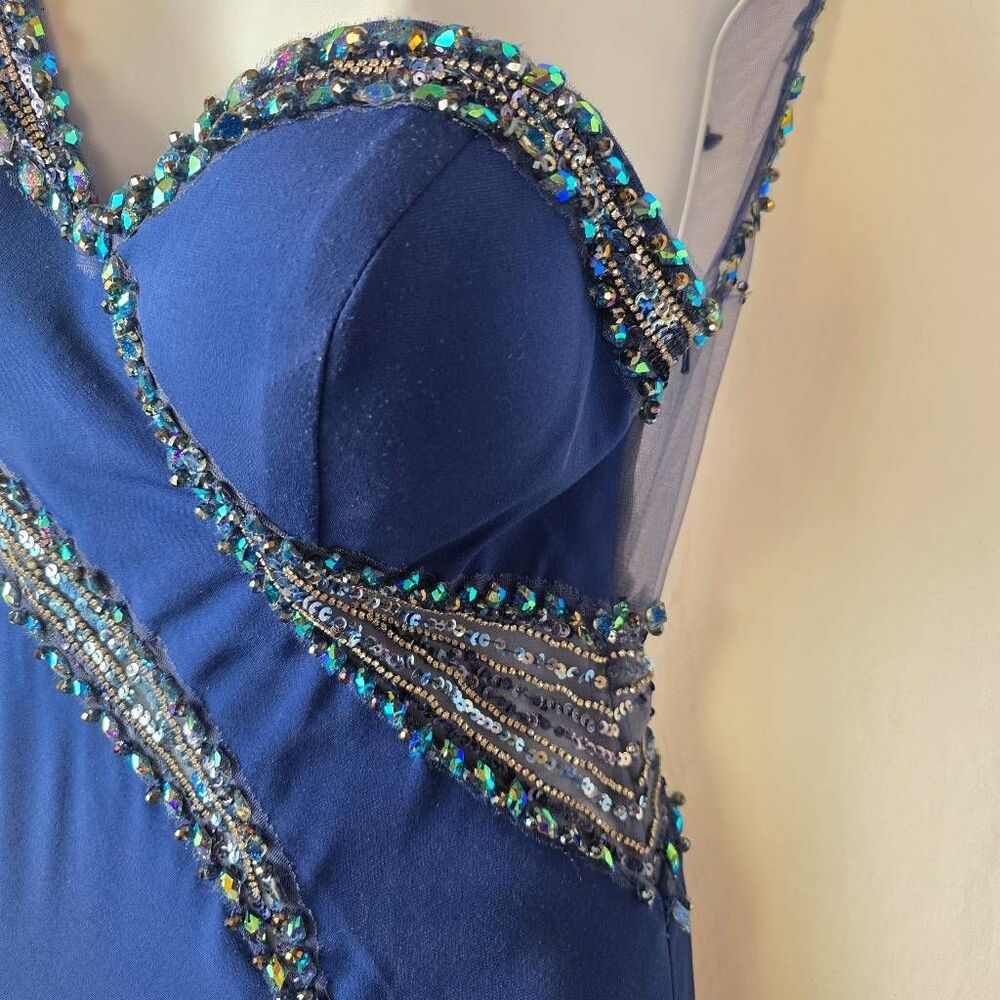 TONY BOWLS Blue Beaded One Shoulder Prom Gown - Picture 7 of 16
